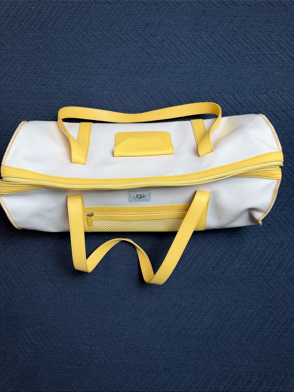 Vtg UGG Australia Canvas Duffel Travel Bag Yellow Leather Trim Mesh Pocket Large